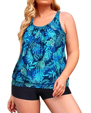 Flattering Plus Size Blouson Tankini Swim Shorts For Women-Blue Leaves