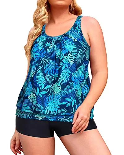 Flattering Plus Size Blouson Tankini Swim Shorts For Women-Blue Leaves