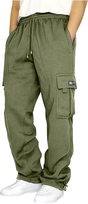 Fleece Baggy Sweatpants for Men, Straight Leg Cargo Sweatpants with Pockets, Loose Elastic Waist Drawstring Jogger Pants