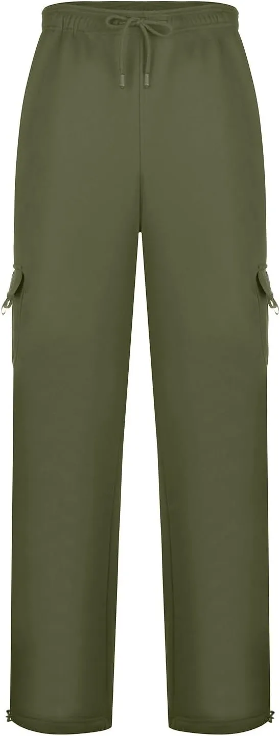 Fleece Baggy Sweatpants for Men, Straight Leg Cargo Sweatpants with Pockets, Loose Elastic Waist Drawstring Jogger Pants