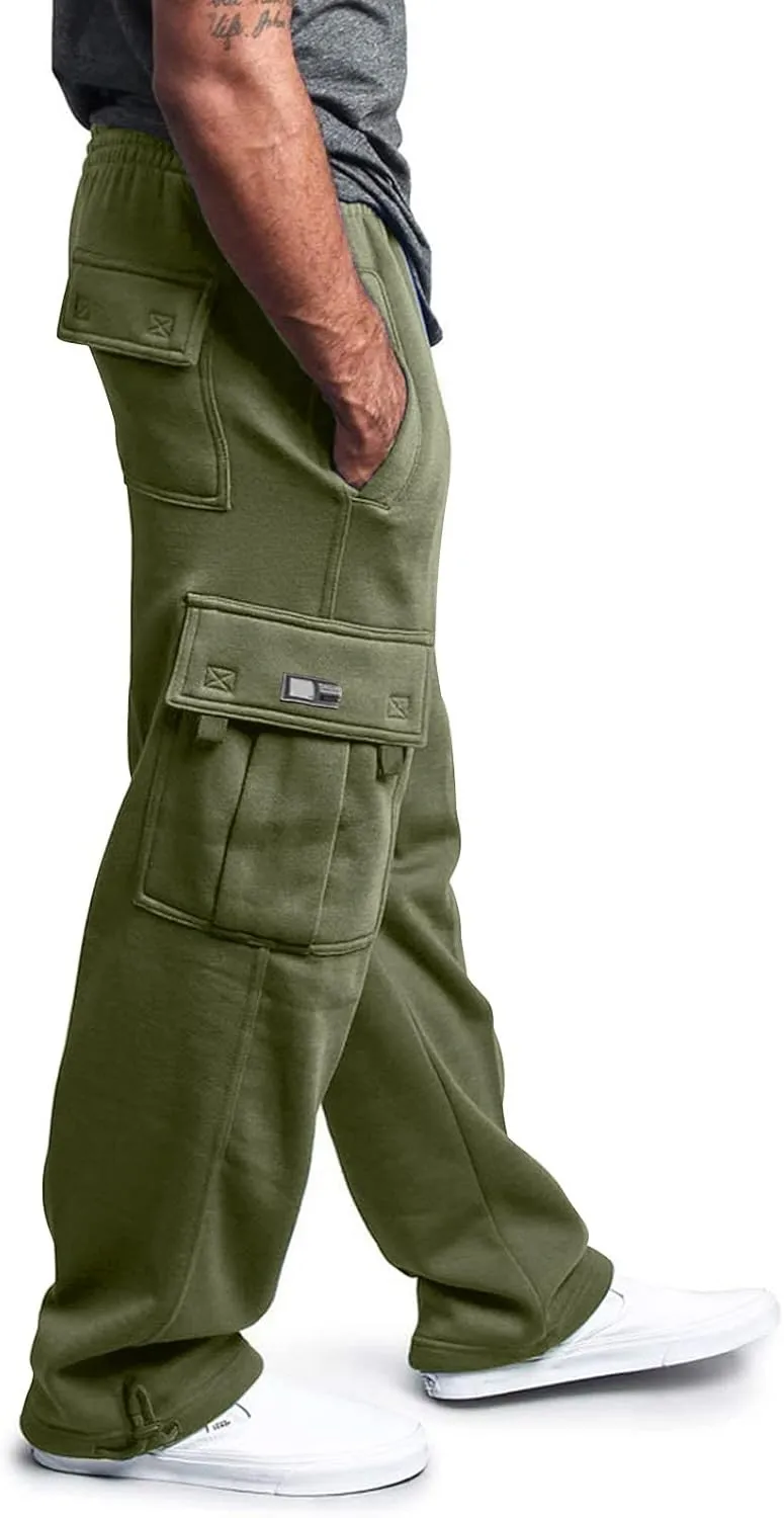 Fleece Baggy Sweatpants for Men, Straight Leg Cargo Sweatpants with Pockets, Loose Elastic Waist Drawstring Jogger Pants