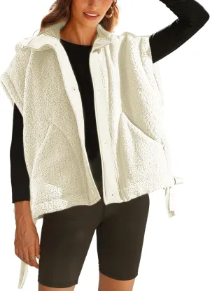 Fleece Vest for Women Sleeveless Button Up Fuzzy Sherpa Jacket Casual Warm Waistcoat Vest with Pockets