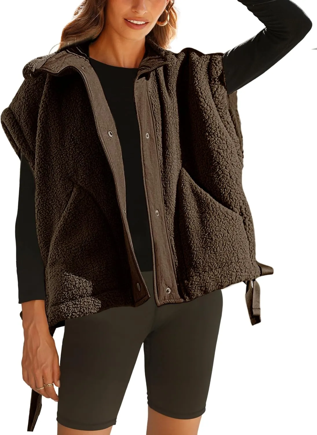 Fleece Vest for Women Sleeveless Button Up Fuzzy Sherpa Jacket Casual Warm Waistcoat Vest with Pockets