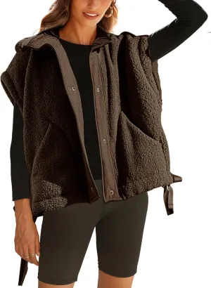 Fleece Vest for Women Sleeveless Button Up Fuzzy Sherpa Jacket Casual Warm Waistcoat Vest with Pockets