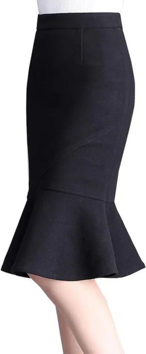 Flygo Women's Trendy Wool Blend Mermaid Skirt Midi Tail Pencil Skirts