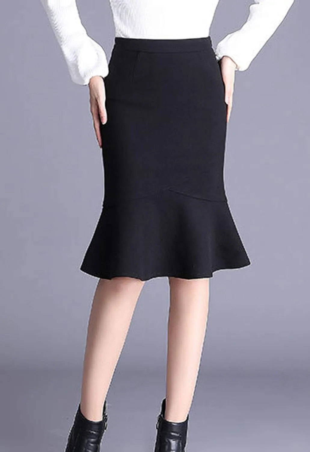 Flygo Women's Trendy Wool Blend Mermaid Skirt Midi Tail Pencil Skirts