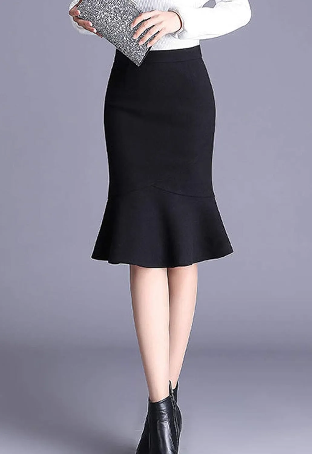Flygo Women's Trendy Wool Blend Mermaid Skirt Midi Tail Pencil Skirts