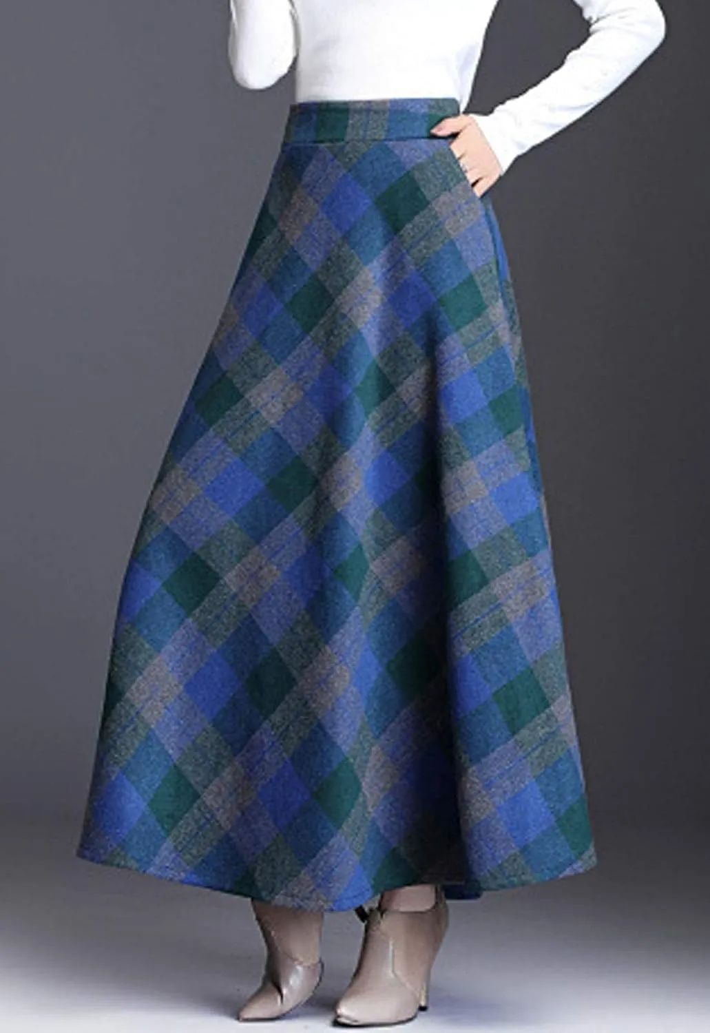 Flygo Women's Winter Warm Wool Plaid A-Line Pleated Maxi Long Skirt Back Elastic