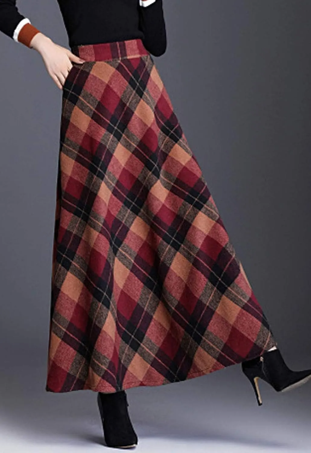 Flygo Women's Winter Warm Wool Plaid A-Line Pleated Maxi Long Skirt Back Elastic