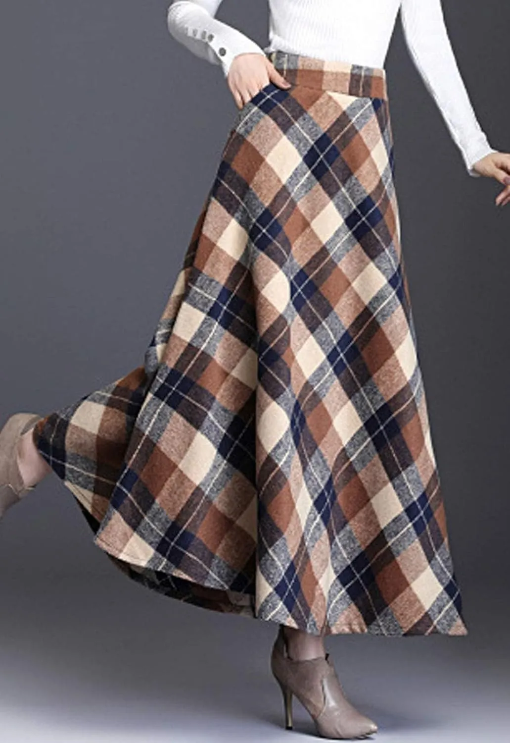 Flygo Women's Winter Warm Wool Plaid A-Line Pleated Maxi Long Skirt Back Elastic