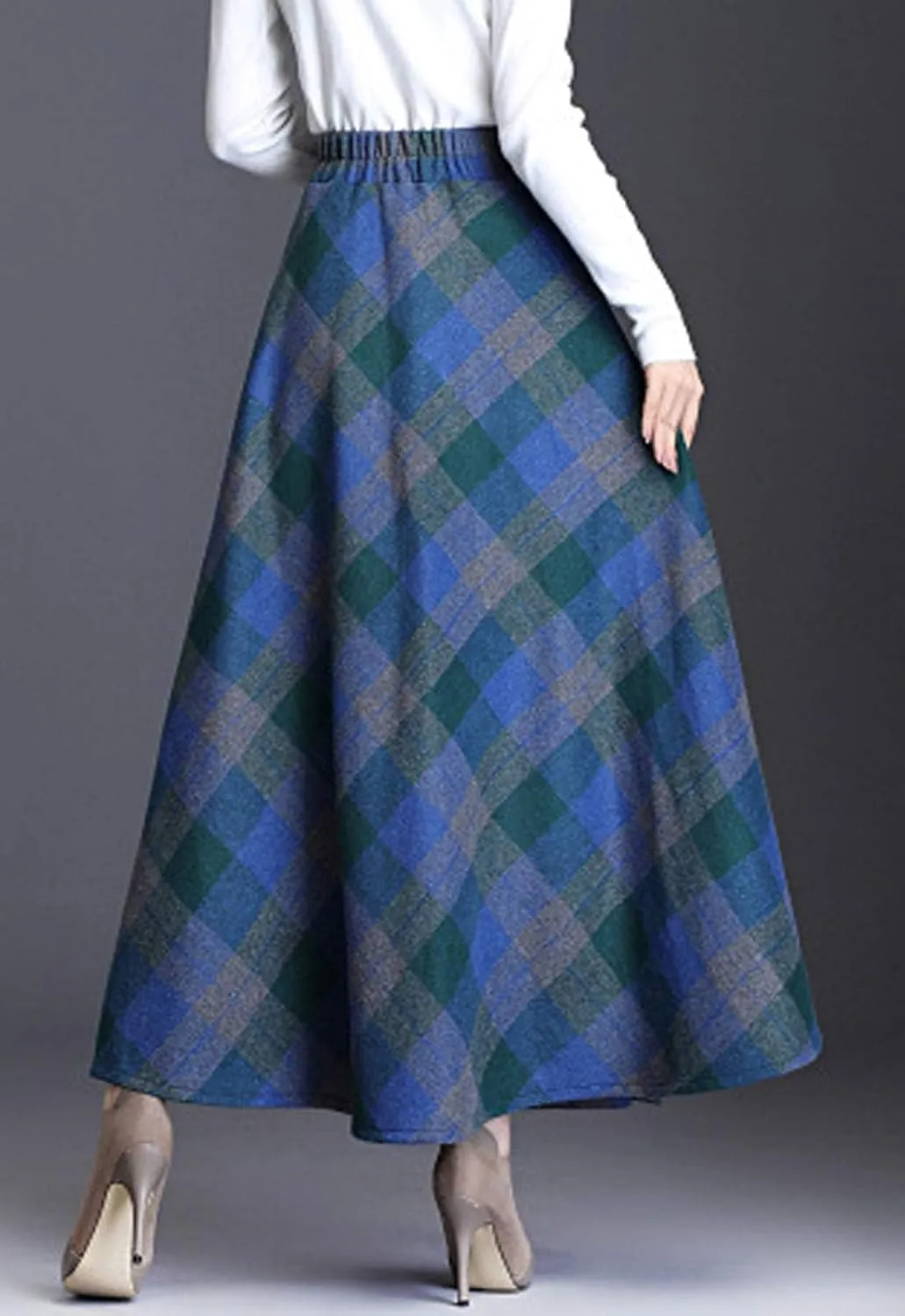 Flygo Women's Winter Warm Wool Plaid A-Line Pleated Maxi Long Skirt Back Elastic