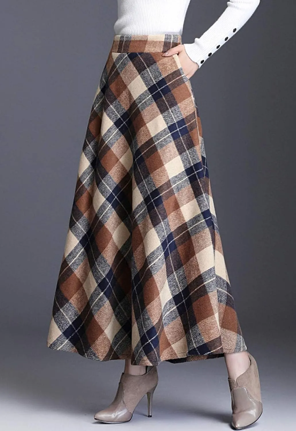 Flygo Women's Winter Warm Wool Plaid A-Line Pleated Maxi Long Skirt Back Elastic