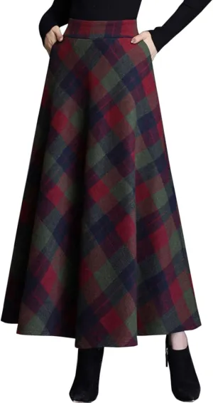 Flygo Women's Winter Warm Wool Plaid A-Line Pleated Maxi Long Skirt Back Elastic