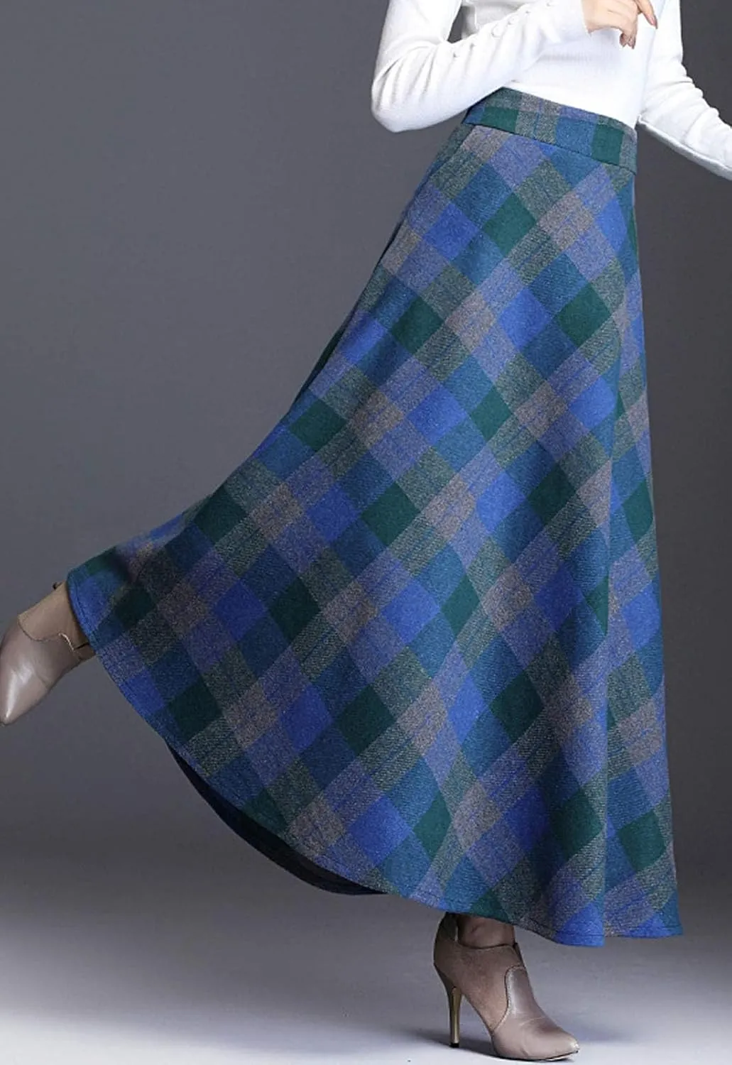 Flygo Women's Winter Warm Wool Plaid A-Line Pleated Maxi Long Skirt Back Elastic