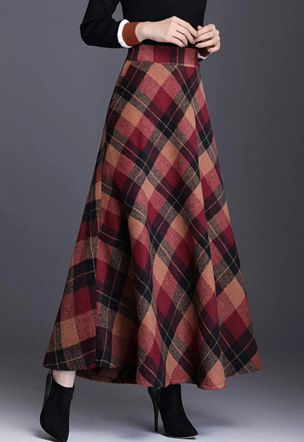 Flygo Women's Winter Warm Wool Plaid A-Line Pleated Maxi Long Skirt Back Elastic