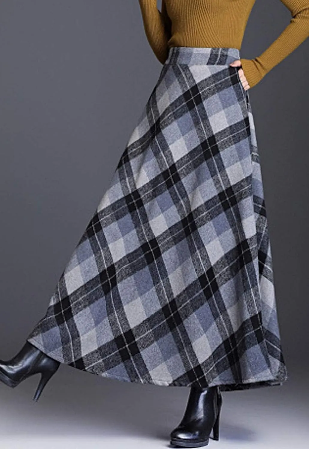 Flygo Women's Winter Warm Wool Plaid A-Line Pleated Maxi Long Skirt Back Elastic