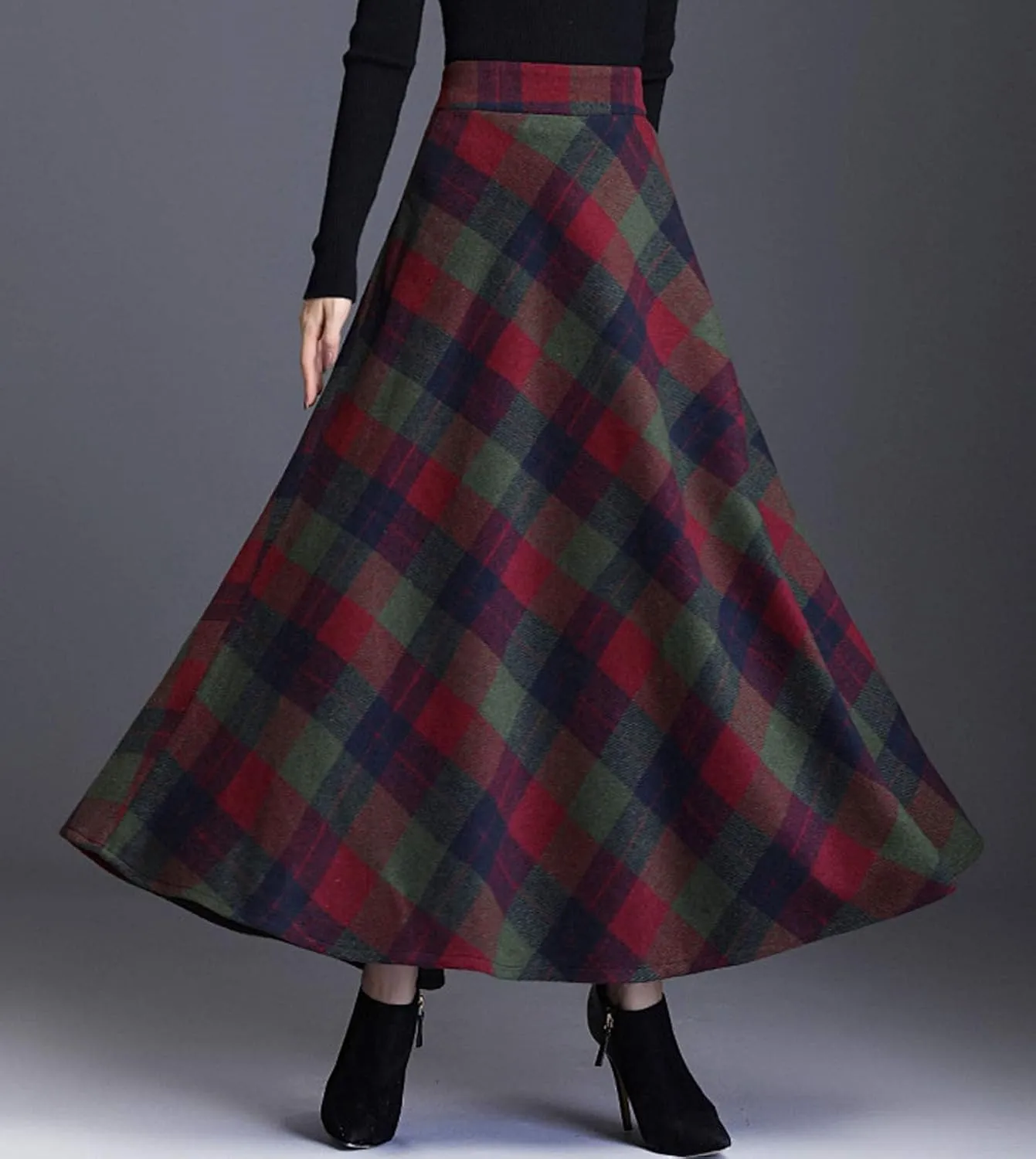 Flygo Women's Winter Warm Wool Plaid A-Line Pleated Maxi Long Skirt Back Elastic