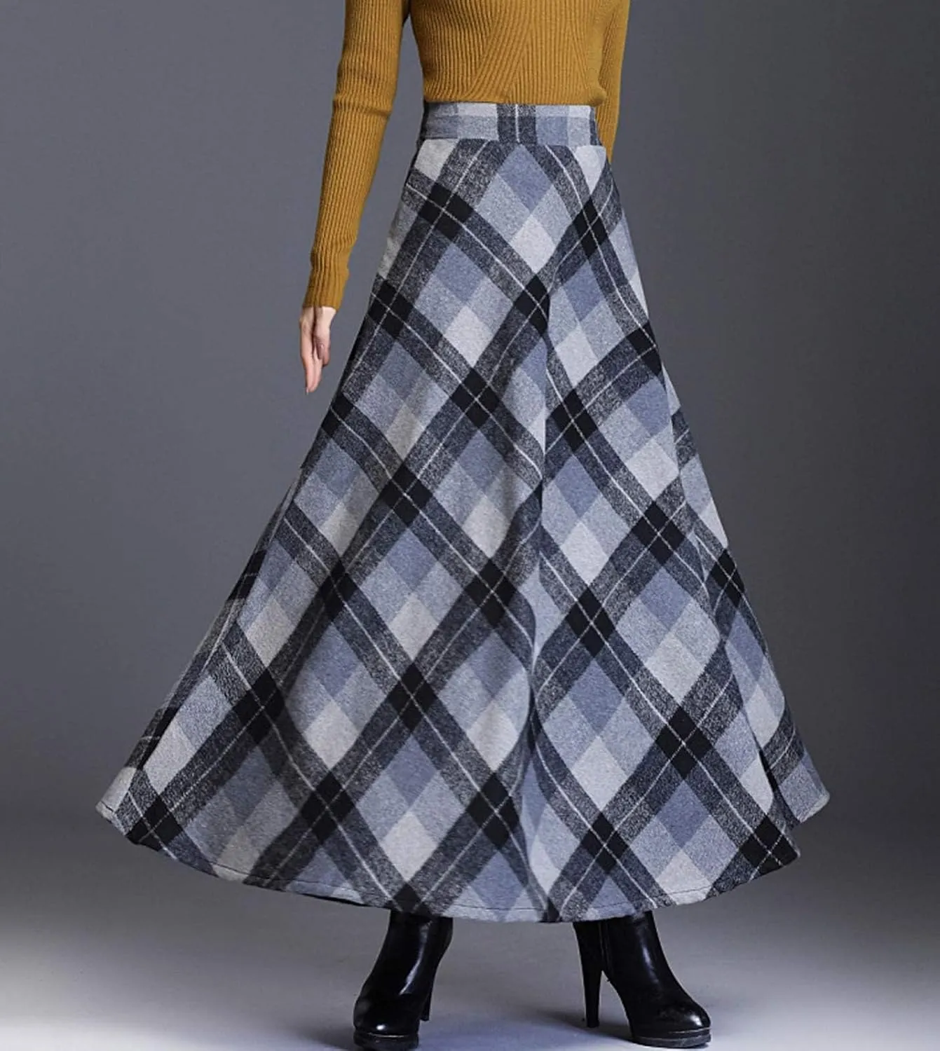 Flygo Women's Winter Warm Wool Plaid A-Line Pleated Maxi Long Skirt Back Elastic