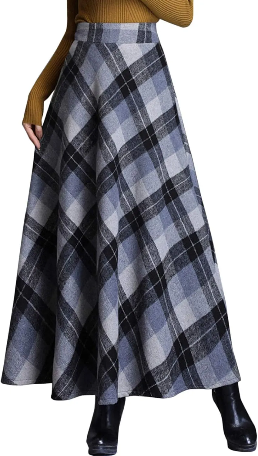 Flygo Women's Winter Warm Wool Plaid A-Line Pleated Maxi Long Skirt Back Elastic