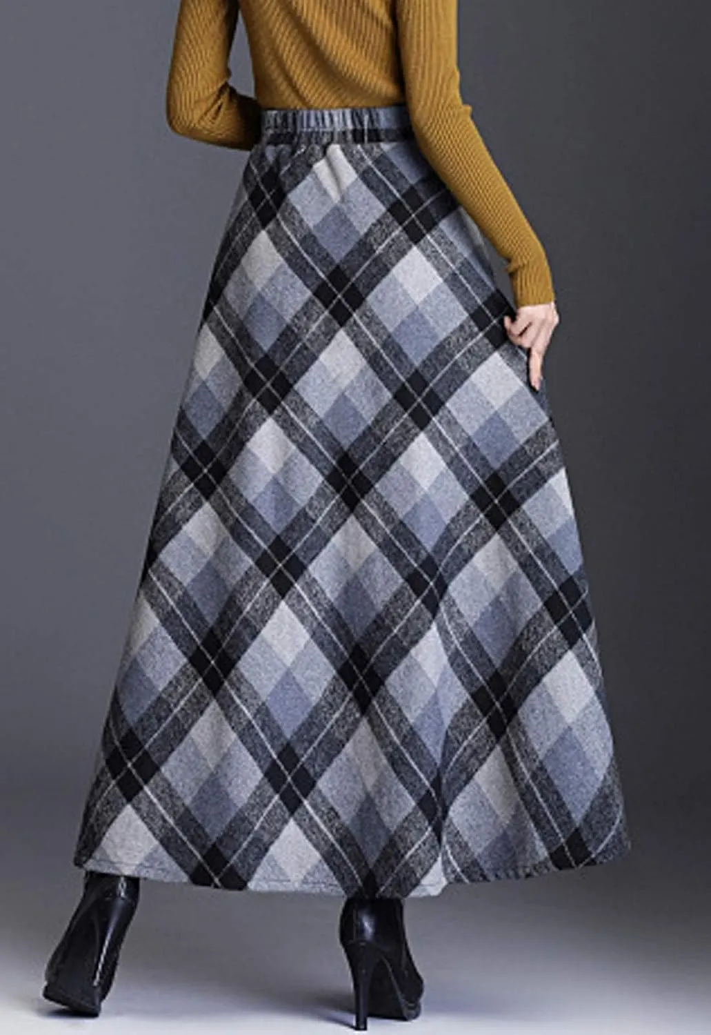 Flygo Women's Winter Warm Wool Plaid A-Line Pleated Maxi Long Skirt Back Elastic