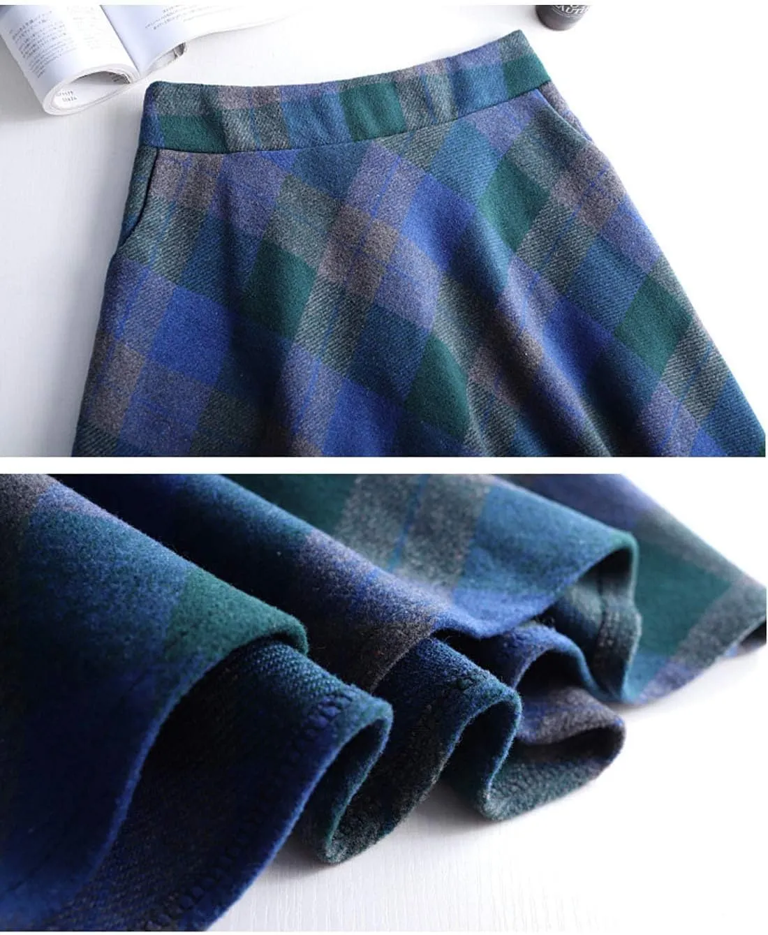 Flygo Women's Winter Warm Wool Plaid A-Line Pleated Maxi Long Skirt Back Elastic