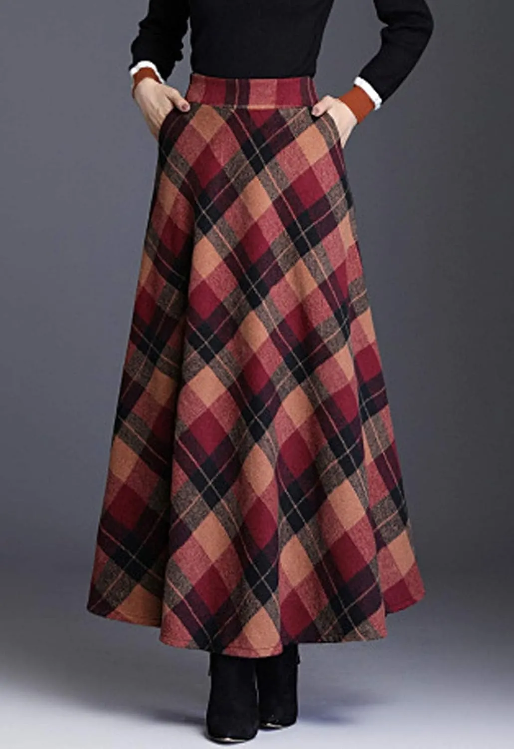 Flygo Women's Winter Warm Wool Plaid A-Line Pleated Maxi Long Skirt Back Elastic