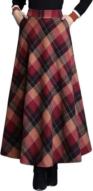 Flygo Women's Winter Warm Wool Plaid A-Line Pleated Maxi Long Skirt Back Elastic
