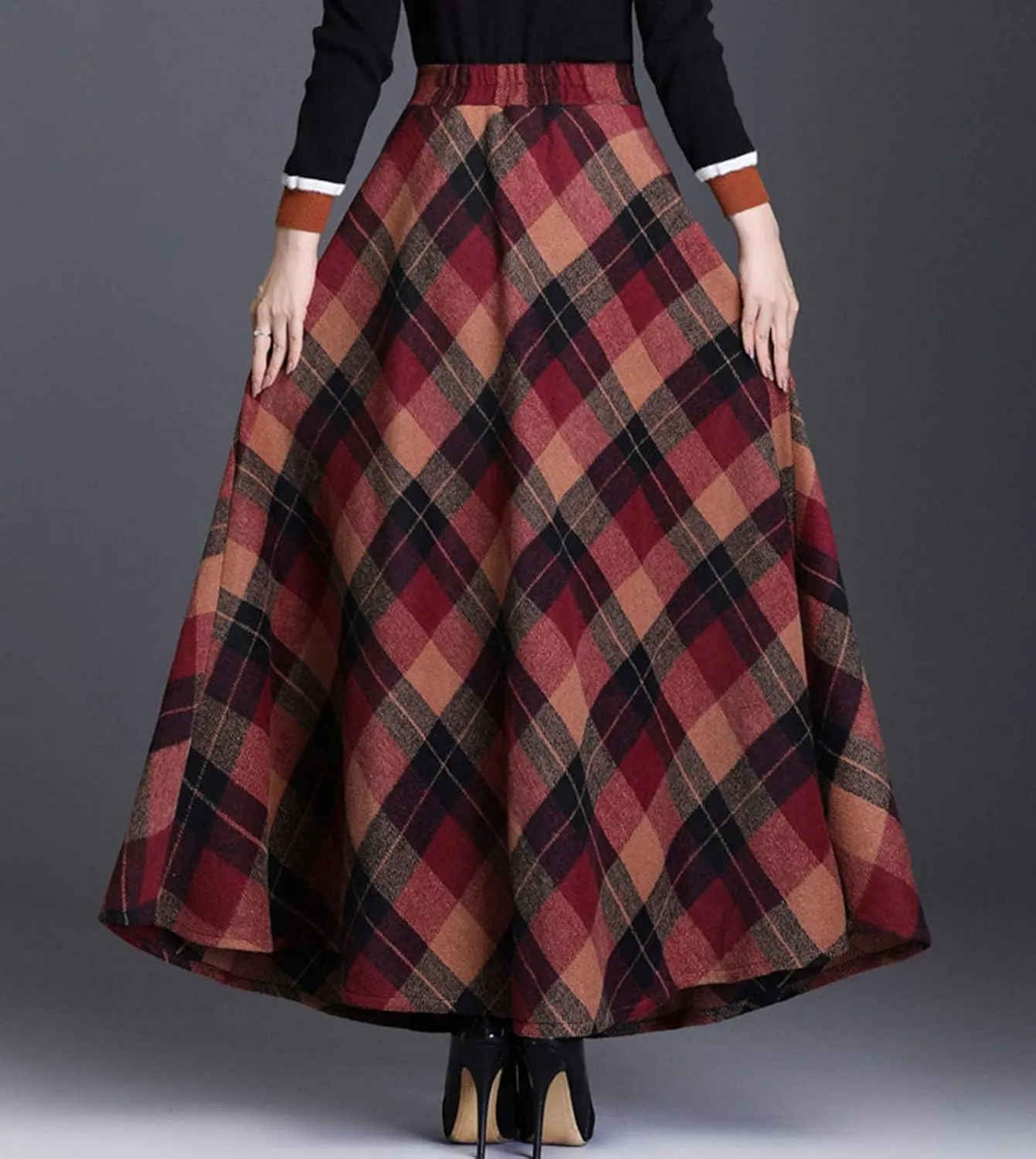 Flygo Women's Winter Warm Wool Plaid A-Line Pleated Maxi Long Skirt Back Elastic