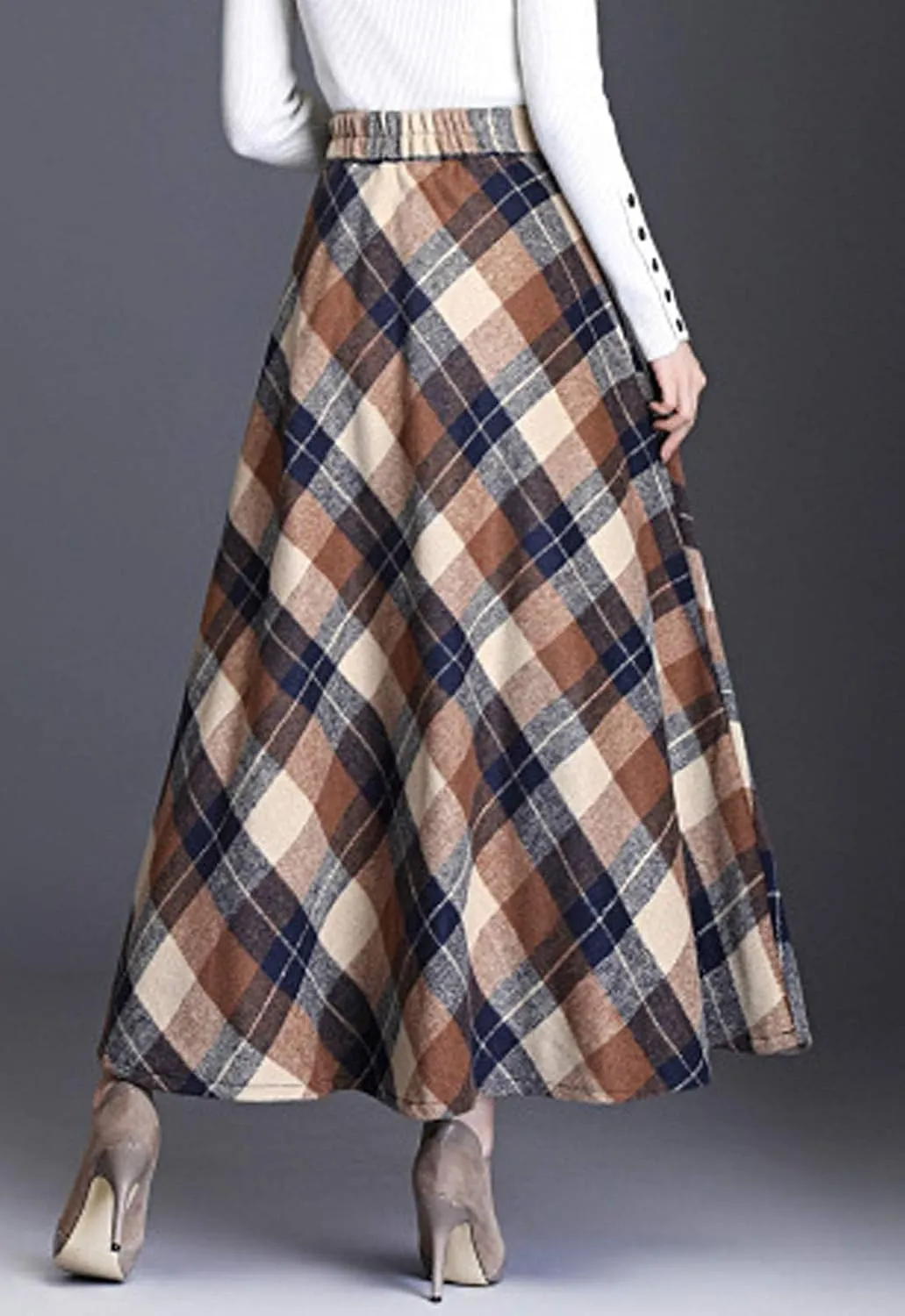 Flygo Women's Winter Warm Wool Plaid A-Line Pleated Maxi Long Skirt Back Elastic