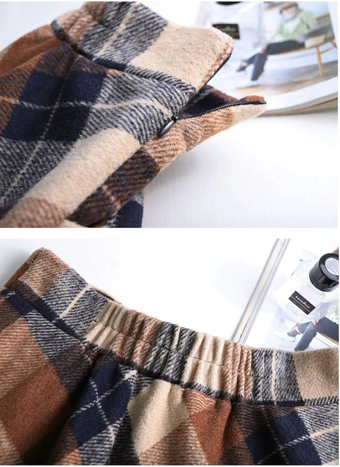 Flygo Women's Winter Warm Wool Plaid A-Line Pleated Maxi Long Skirt Back Elastic