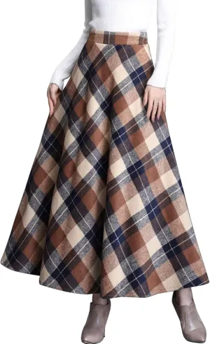 Flygo Women's Winter Warm Wool Plaid A-Line Pleated Maxi Long Skirt Back Elastic