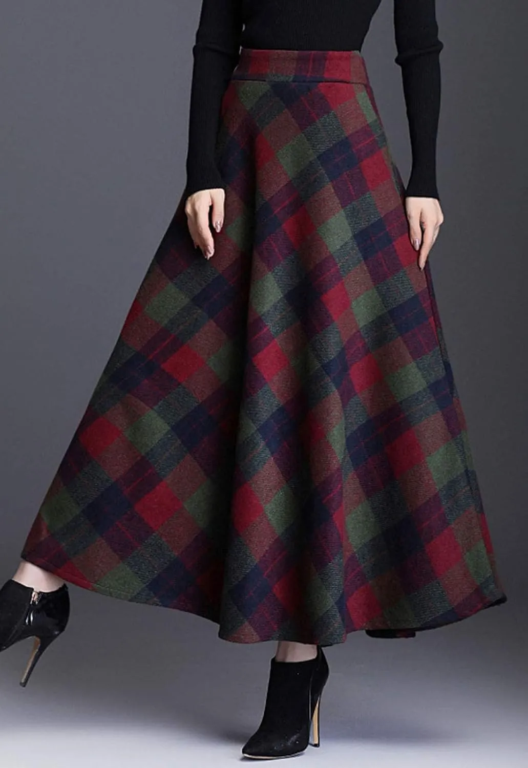 Flygo Women's Winter Warm Wool Plaid A-Line Pleated Maxi Long Skirt Back Elastic