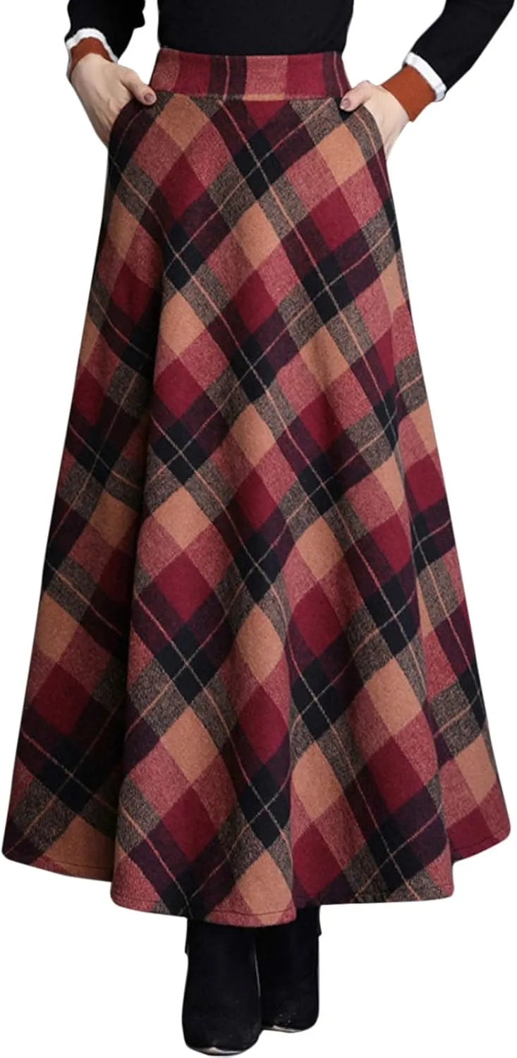 Flygo Women's Winter Warm Wool Plaid A-Line Pleated Maxi Long Skirt Back Elastic