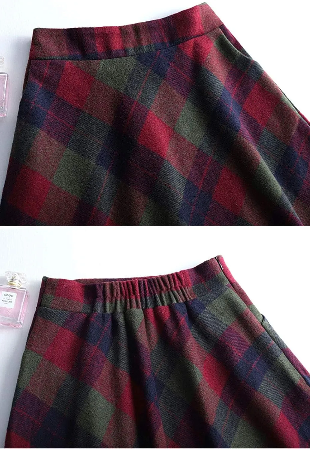 Flygo Women's Winter Warm Wool Plaid A-Line Pleated Maxi Long Skirt Back Elastic