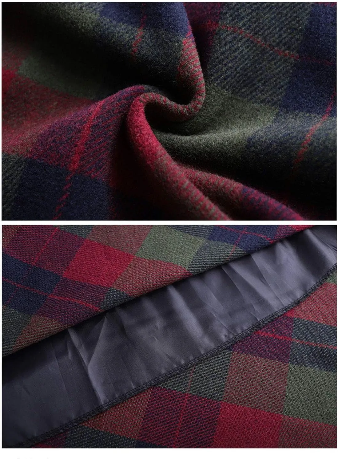 Flygo Women's Winter Warm Wool Plaid A-Line Pleated Maxi Long Skirt Back Elastic