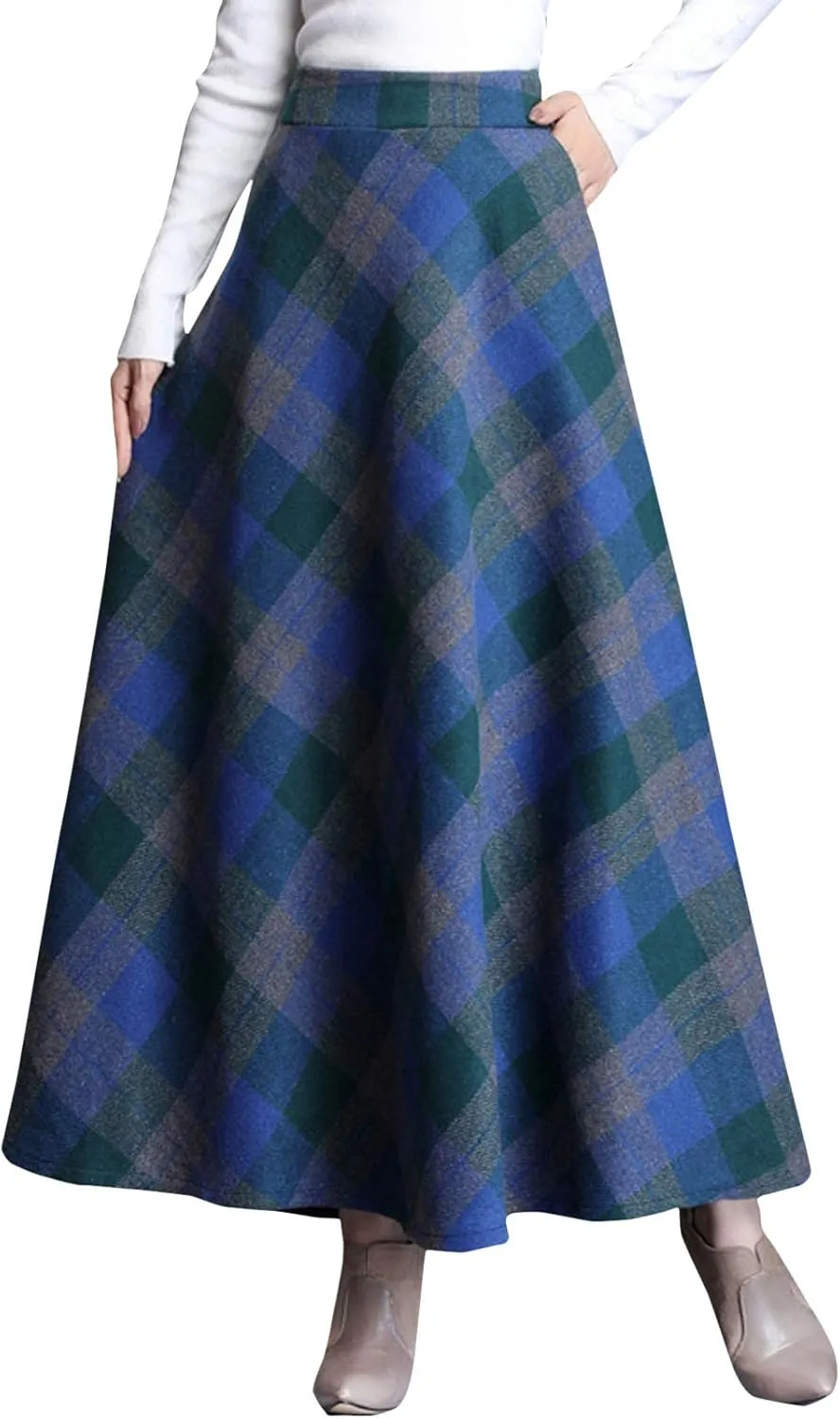 Flygo Women's Winter Warm Wool Plaid A-Line Pleated Maxi Long Skirt Back Elastic