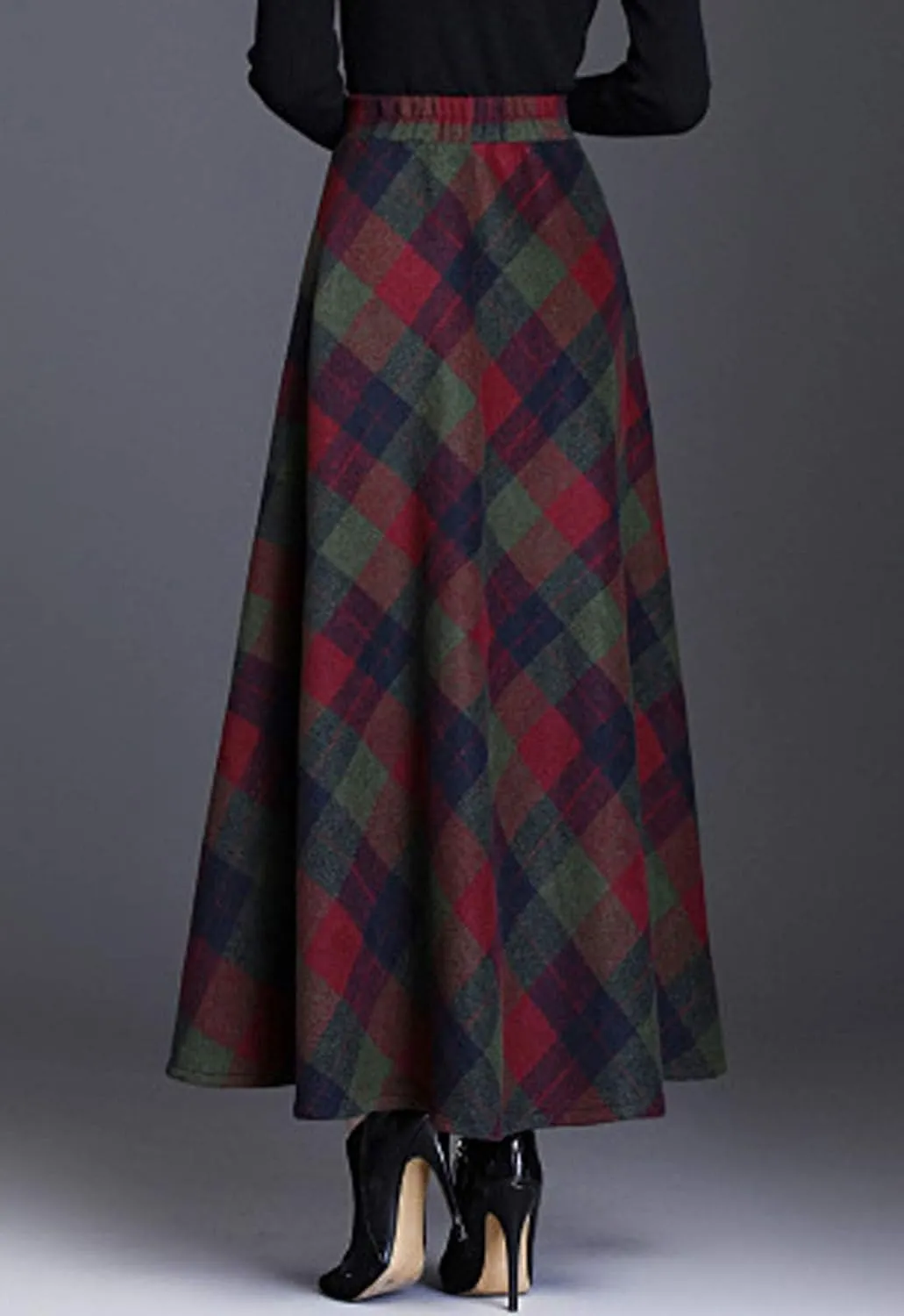 Flygo Women's Winter Warm Wool Plaid A-Line Pleated Maxi Long Skirt Back Elastic