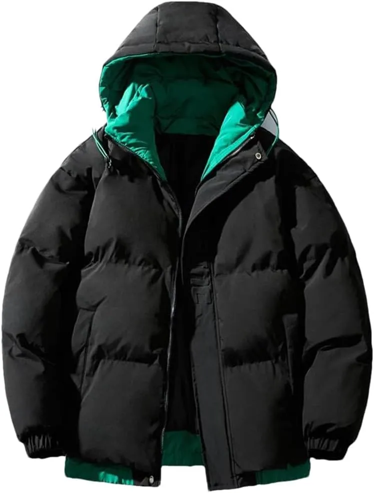 Fnfmrfmr Men Solid Hooded Parkas Jacket Long Sleeve Zipper Pocket Cotton Padded Warm Puffer Coat