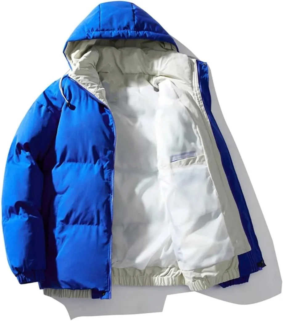 Fnfmrfmr Men Solid Hooded Parkas Jacket Long Sleeve Zipper Pocket Cotton Padded Warm Puffer Coat