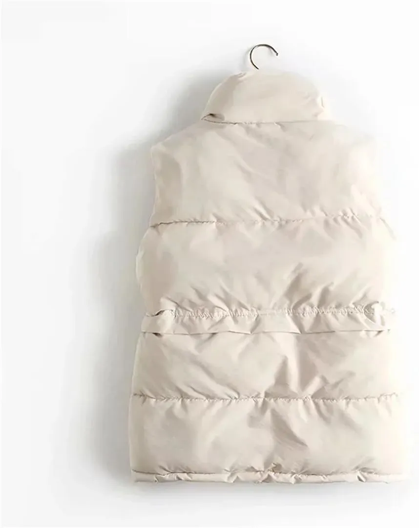 Fnfmrfmr Women Solid Ruched Loose Vest Drawstring Stand Collar Long Jacket Cotton Padded Warm Waistcoat