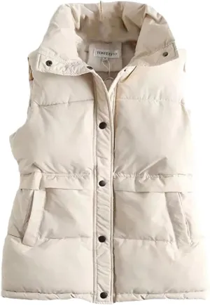 Fnfmrfmr Women Solid Ruched Loose Vest Drawstring Stand Collar Long Jacket Cotton Padded Warm Waistcoat