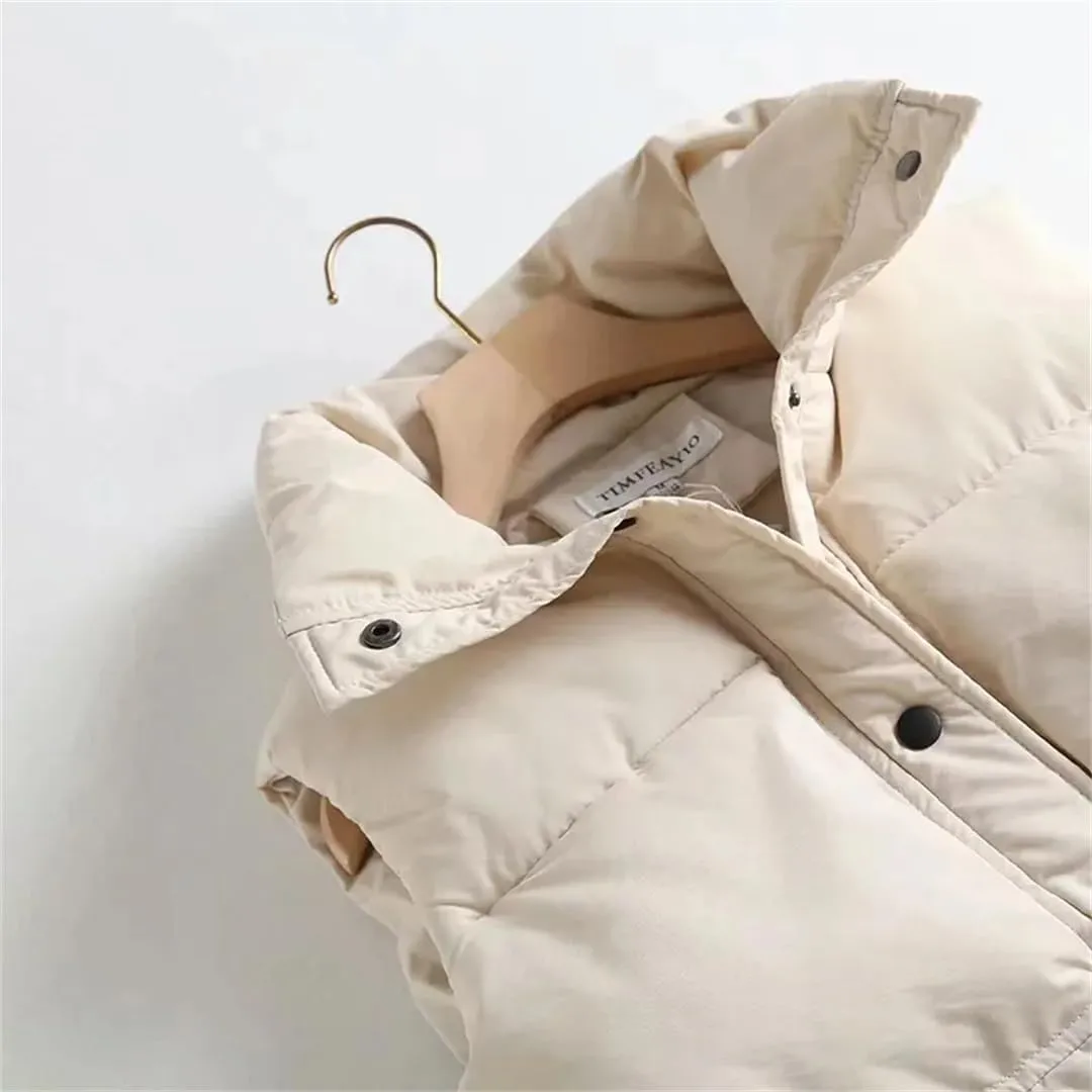 Fnfmrfmr Women Solid Ruched Loose Vest Drawstring Stand Collar Long Jacket Cotton Padded Warm Waistcoat
