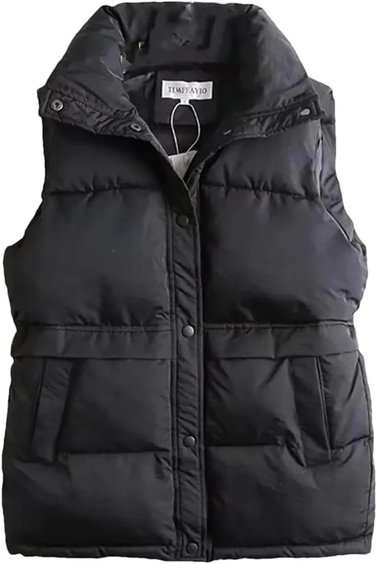Fnfmrfmr Women Solid Ruched Loose Vest Drawstring Stand Collar Long Jacket Cotton Padded Warm Waistcoat