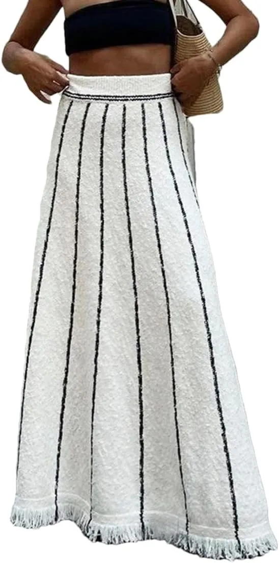 Fnfmrfmr Women Striped Knit Long Skirt High Waist Tassel A-Line Loose Casual Maxi Skirts