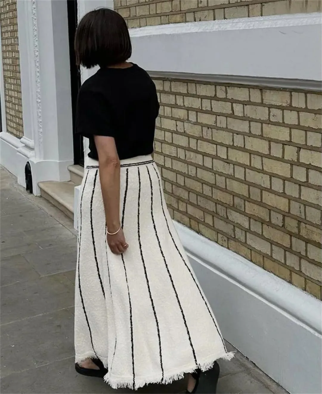 Fnfmrfmr Women Striped Knit Long Skirt High Waist Tassel A-Line Loose Casual Maxi Skirts