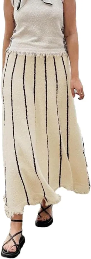 Fnfmrfmr Women Striped Knit Long Skirt High Waist Tassel A-Line Loose Casual Maxi Skirts