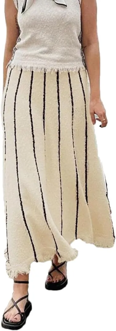 Fnfmrfmr Women Striped Knit Long Skirt High Waist Tassel A-Line Loose Casual Maxi Skirts