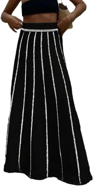 Fnfmrfmr Women Striped Knit Long Skirt High Waist Tassel A-Line Loose Casual Maxi Skirts