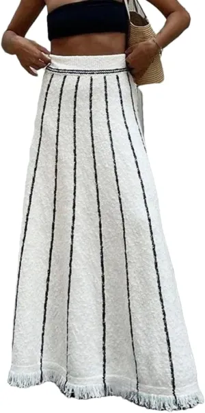 Fnfmrfmr Women Striped Knit Long Skirt High Waist Tassel A-Line Loose Casual Maxi Skirts
