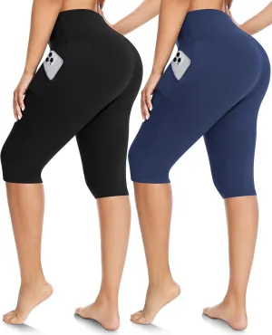 FULLSOFT 2 Pack Women's Knee-Length Leggings -High Waist Capri Biker Shorts -Workout Casual Summer Yoga Leggings